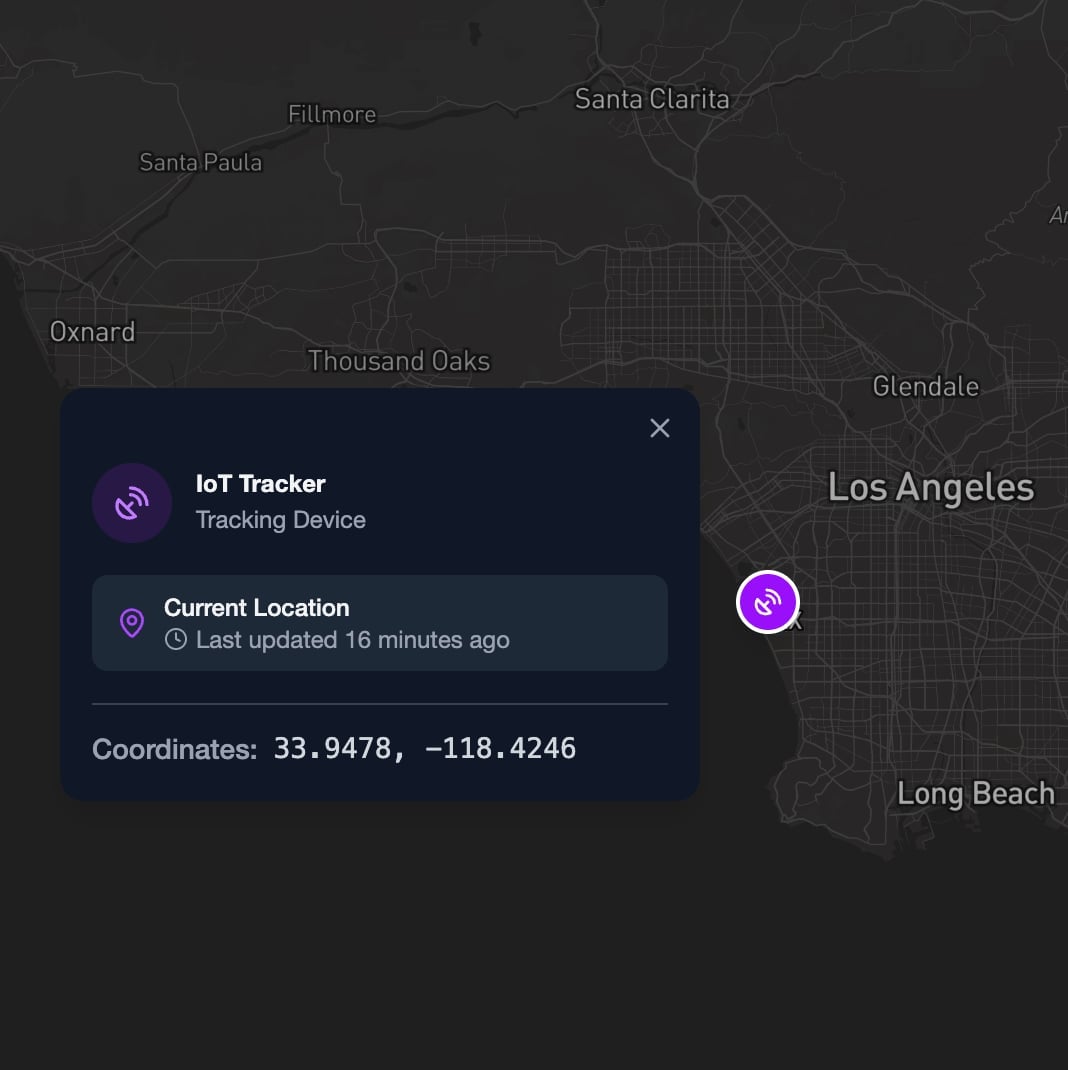 CHRT platform dashboard showing a tracker map with a device last seen location in dark mode