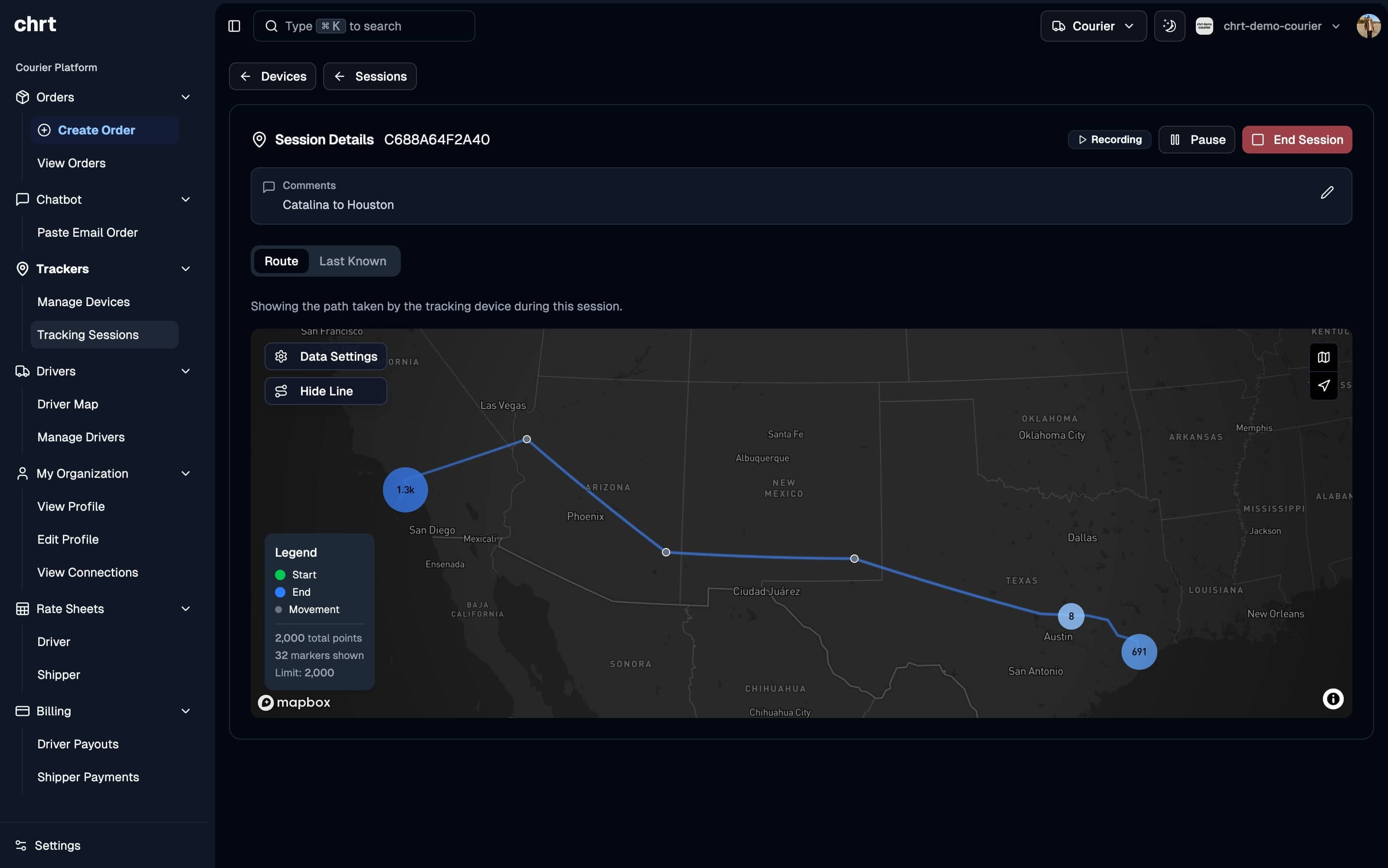 CHRT platform dashboard showing order creation interface with map, pickup and delivery details in dark mode